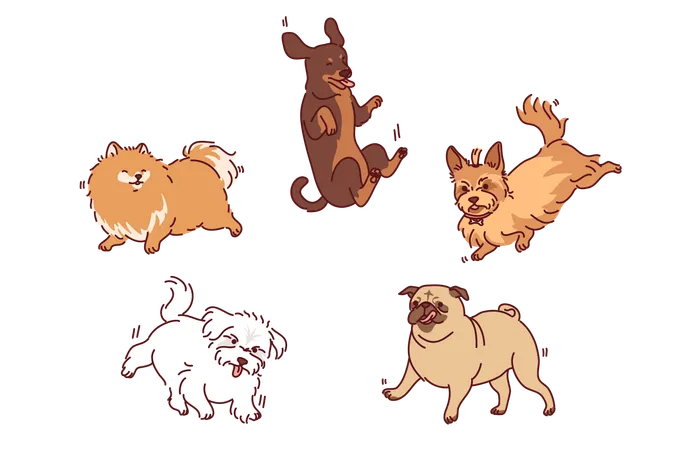 Dogs and puppies of different breeds  Illustration