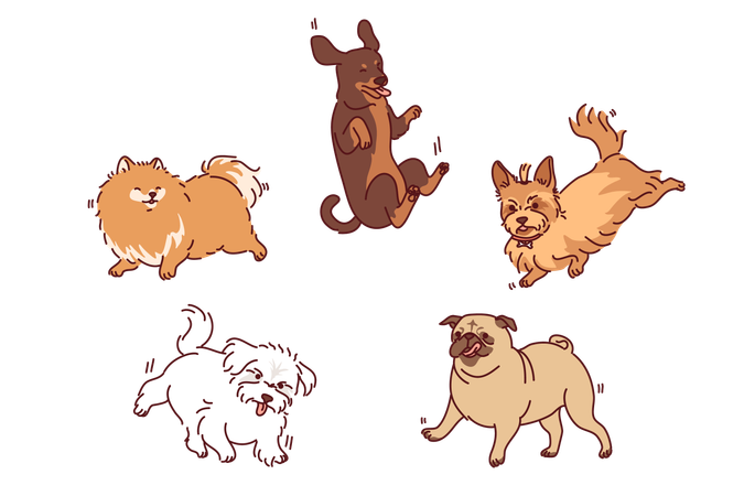 Dogs and puppies of different breeds  Illustration