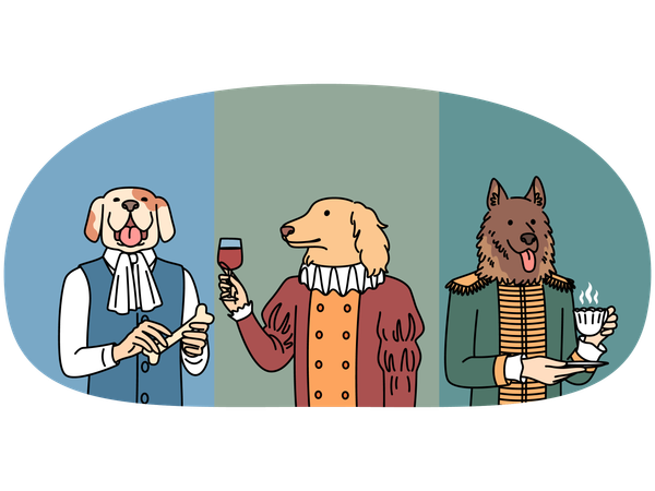 Dogs with body of people in clothes of lords and medieval kings hold mug of tea  Illustration