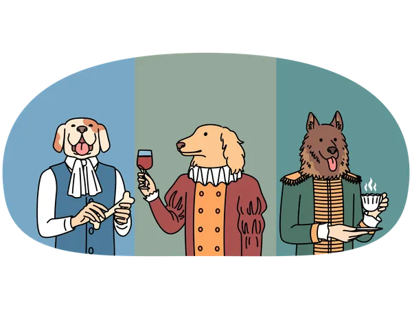 Dogs with body of people in clothes of lords and medieval kings hold mug of tea  Illustration