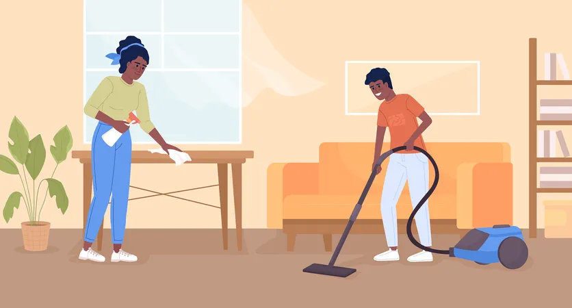 Doing Chores Together Flat Color Vector Illustration Teenage Boy Helping Around House Mom And Son Cleaning Home Fully Editable 2 D Simple Cartoon Characters With Living Room Interior On Background Illustration