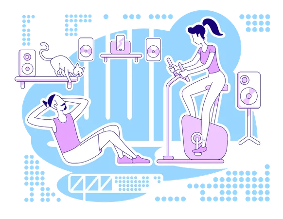 Home Gym Flat Silhouette Vector Illustration Man And Woman Exercising Inside House Workout For Selfcare Couple Outline Characters On Blue Background Family Activity Simple Style Drawing Illustration