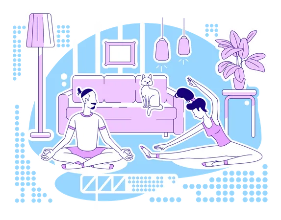 Doing Yoga Together Flat Silhouette Vector Illustration Man And Woman Exercising At Home Workout Activity Couple Outline Characters On Blue Background Family Healthcare Simple Style Drawing Illustration