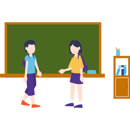Dois estudantes em pé na sala de aula  Ilustração