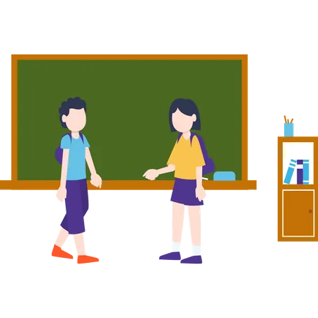 Dois estudantes em pé na sala de aula  Ilustração