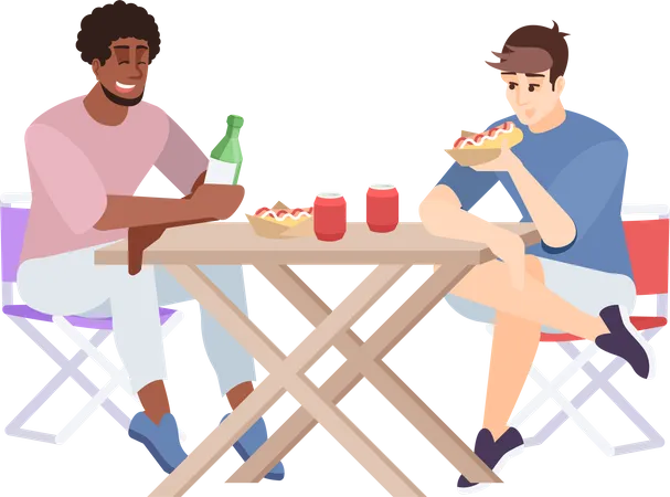 Dois amigos almoçando no acampamento  Ilustração