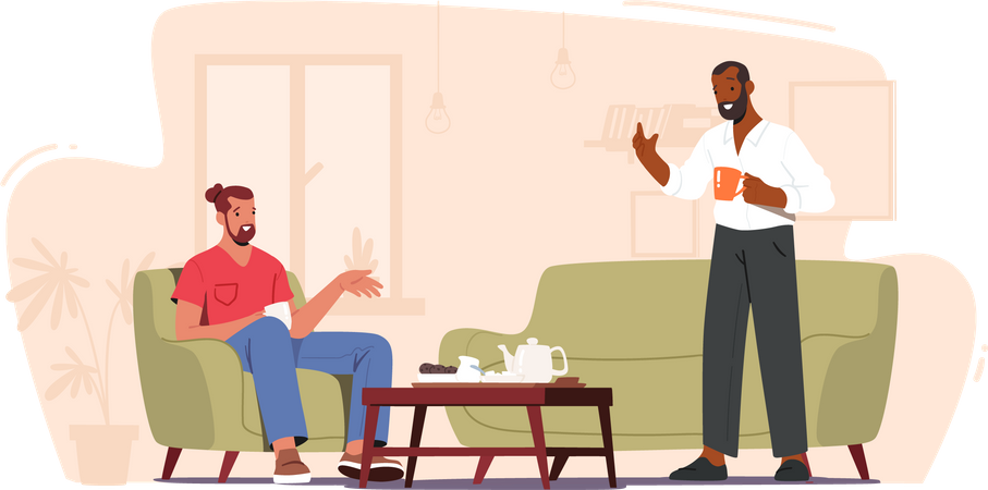 Dois amigos do sexo masculino tomando café e conversando  Ilustração