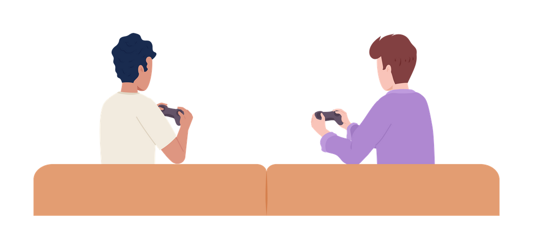 Dois amigos homens com gamepads no sofá  Ilustração