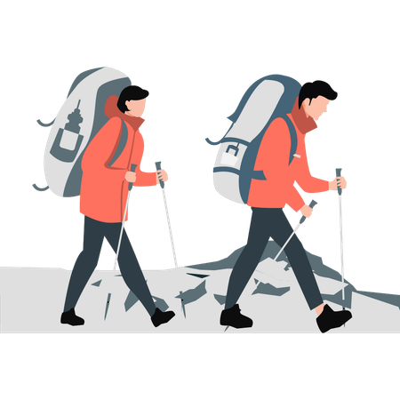 Dois caminhantes estão caminhando em direção ao seu caminho  Ilustração