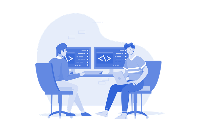 Dois caras estão escrevendo código para um aplicativo ou site  Ilustração