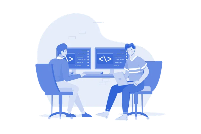 Dois caras estão escrevendo código para um aplicativo ou site  Ilustração