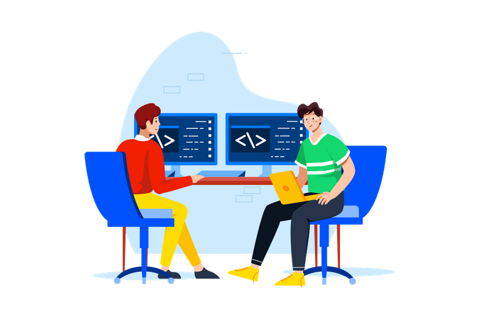 Dois caras estão escrevendo código para um aplicativo ou site  Ilustração