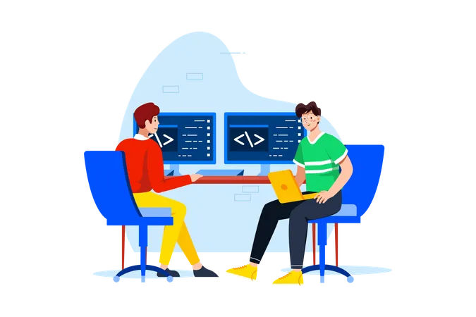 Dois caras estão escrevendo código para um aplicativo ou site  Ilustração