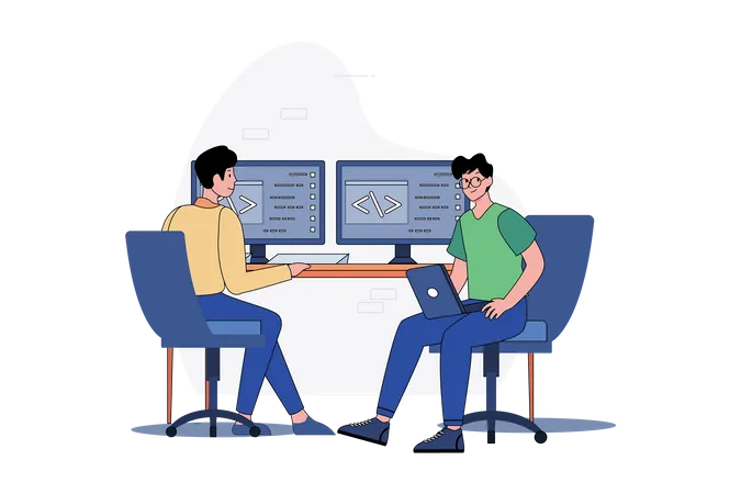 Dois caras estão escrevendo código para um aplicativo ou site  Ilustração