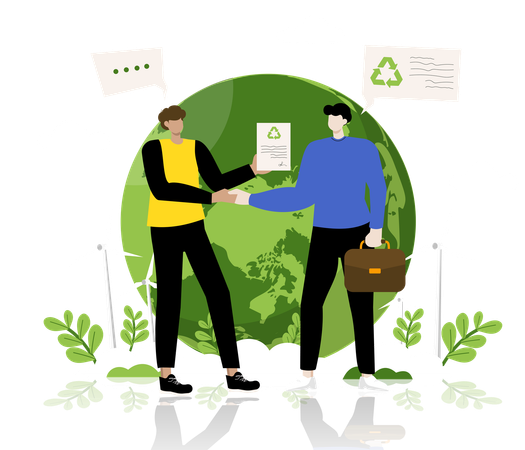 Dois caras fazendo parcerias sustentáveis para práticas comerciais ecologicamente corretas e iniciativas de reciclagem  Ilustração