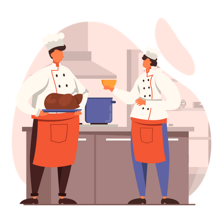 Dois chefs fazendo frango grelhado  Ilustração