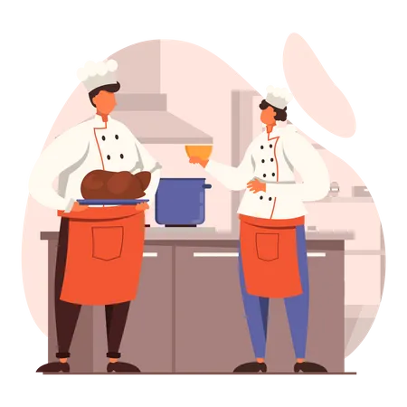 Dois chefs fazendo frango grelhado  Ilustração