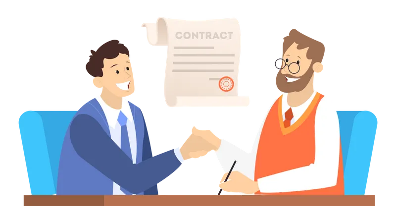 Dois empresários apertam as mãos como resultado de acordo  Ilustração