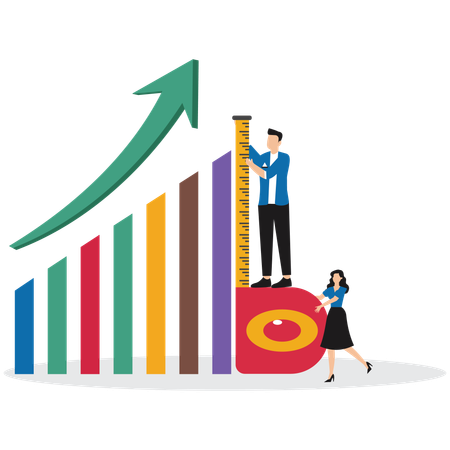 Dois empresários com régua medindo gráfico de barras  Ilustração