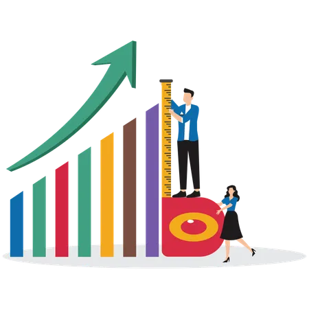 Dois empresários com régua medindo gráfico de barras  Ilustração