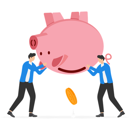 Dois empresários despejam moedas de ouro do cofrinho  Ilustração