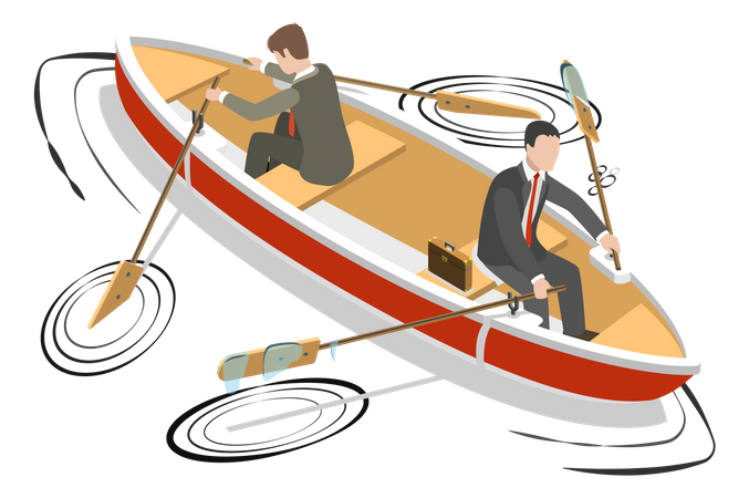 Dois empresários estão sentados no mesmo barco e tentam movê-lo em direções diferentes  Ilustração