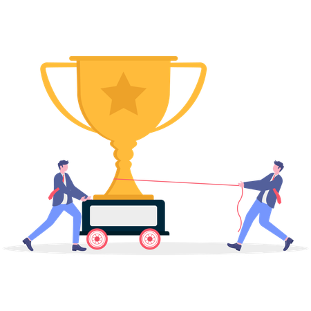 Dois empresários puxando o troféu de negócios  Ilustração