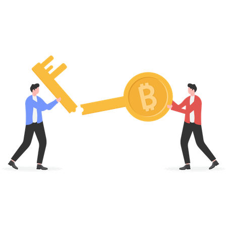 Dois empresários juntando chaves Bitcoin  Ilustração