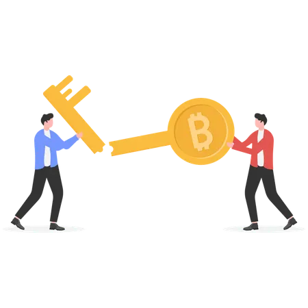 Dois empresários juntando chaves Bitcoin  Ilustração