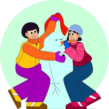 Duas crianças construindo alegremente um boneco de neve  Ilustração