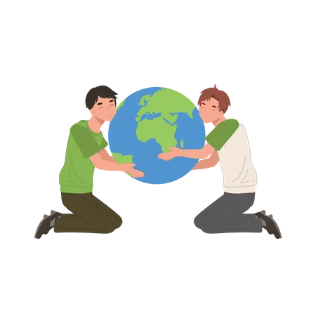 Dois homens abraçando o planeta Terra  Ilustração