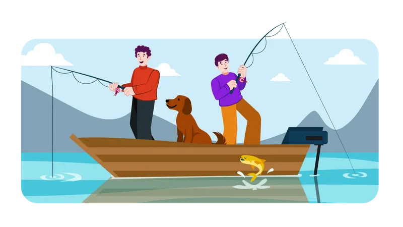 Dois homens parados no barco e pescando  Ilustração