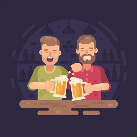 Dois homens felizes bebendo cerveja em um bar  Ilustração