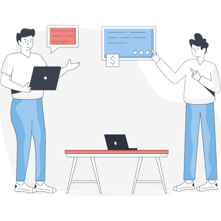 Duas pessoas estão ao lado de um laptop e um tablet envolvidas em uma discussão ou colaboração  Ilustração