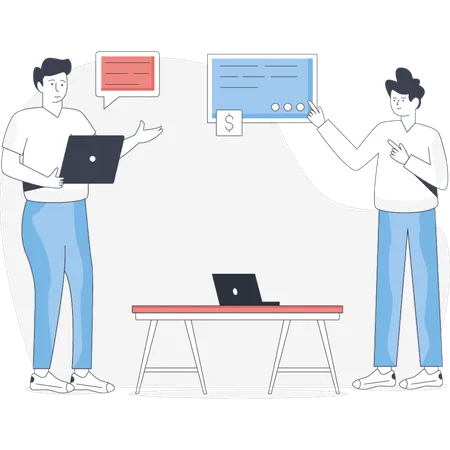 Duas pessoas estão ao lado de um laptop e um tablet envolvidas em uma discussão ou colaboração  Ilustração