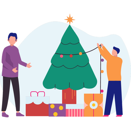 Dois meninos decorando a árvore de natal  Ilustração