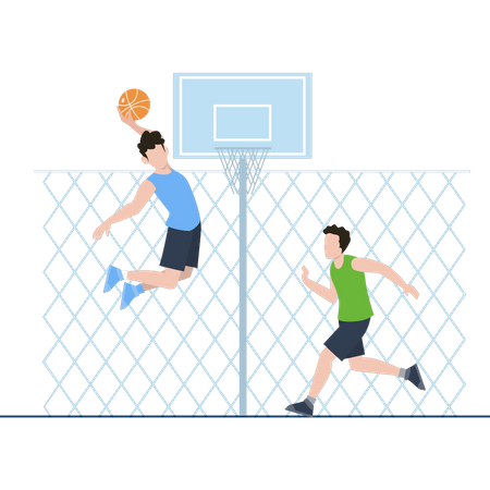 Dois meninos estão jogando basquete  Ilustração