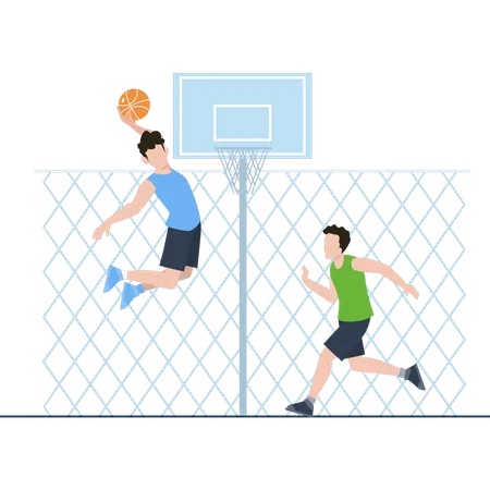 Dois meninos estão jogando basquete  Ilustração