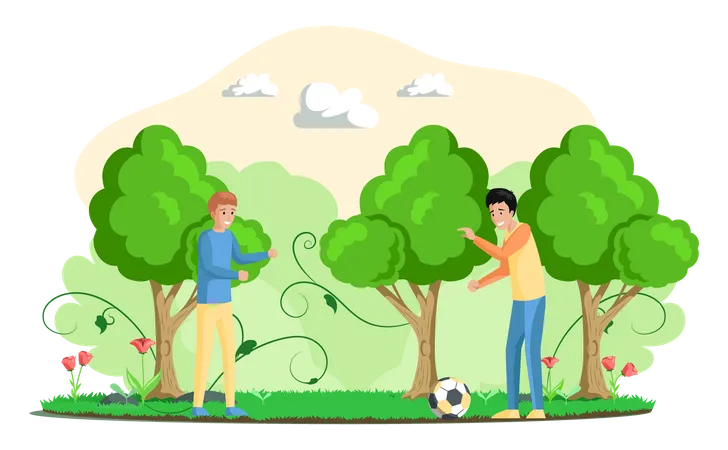 Dois meninos jogando futebol juntos  Ilustração