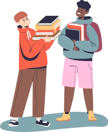 Dois garotos segurando livros e livros didáticos  Ilustração