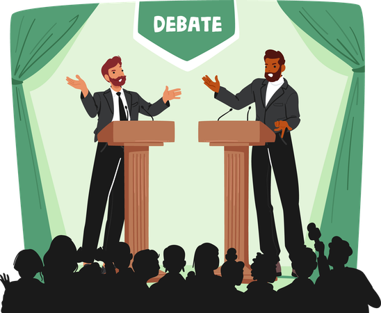 Dois participantes masculinos debatem energicamente diante de uma plateia  Ilustração