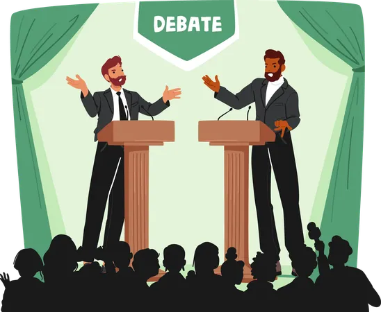 Dois participantes masculinos debatem energicamente diante de uma plateia  Ilustração