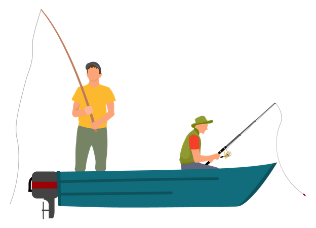 Dois pescadores com varas de pescar em barco a motor  Ilustração