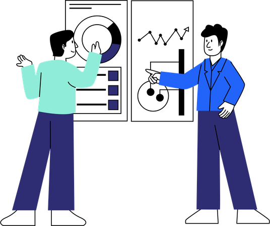 Dois profissionais interagem em uma exibição de dados complexa  Ilustração