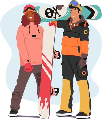 Dois snowboarders fazem pose dinâmica  Ilustração