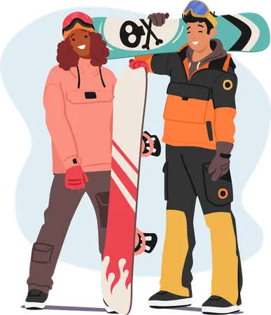 Dois snowboarders fazem pose dinâmica  Ilustração