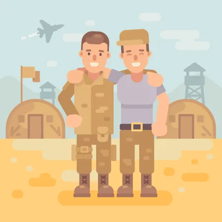 Dois amigos soldados felizes em uma ilustração plana de acampamento militar com fundo de cena do exército  Ilustração