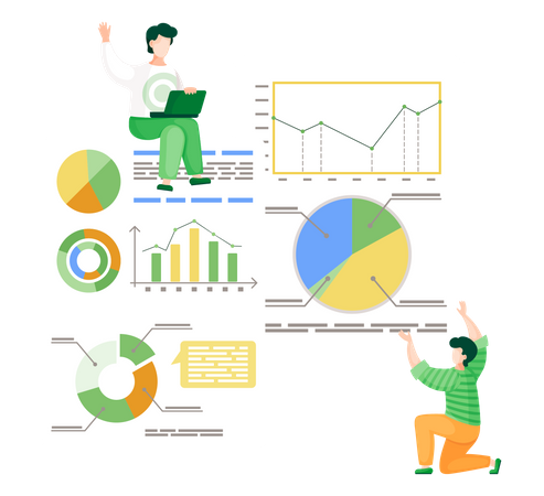 Dois trabalhadores, analisando estatísticas em quadros brancos, gráficos, diagramas, gráficos, gráficos circulares, dados  Ilustração