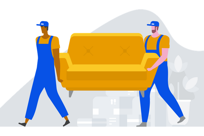 Dois trabalhadores carregando sofá para casa nova  Ilustração