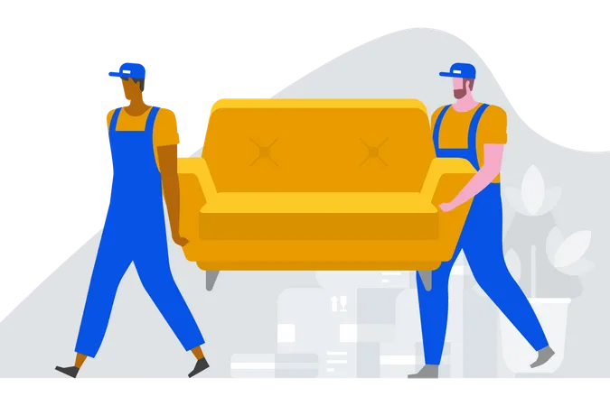 Dois trabalhadores carregando sofá para casa nova  Ilustração